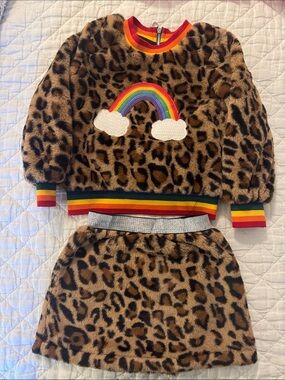 Neiman Marcus Leopard Fuzzy Rainbow Sweatshirt & Skirt Set
